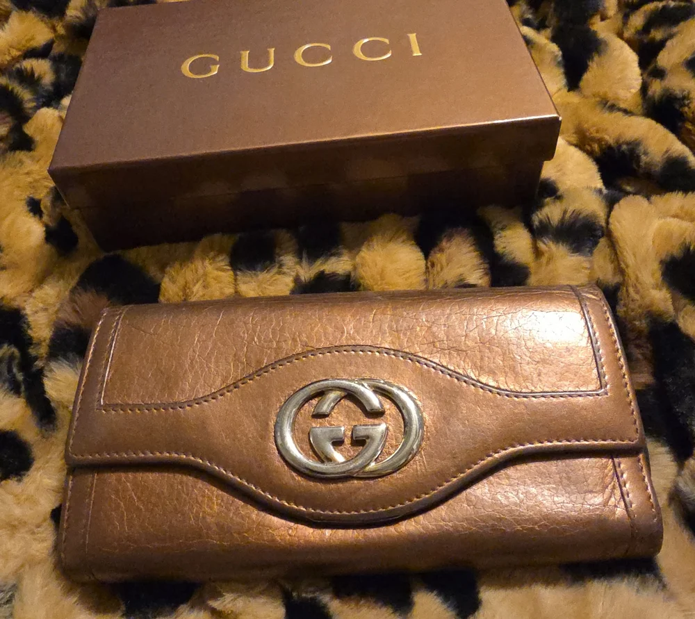 Gucci Metallic Brown Leather Continental Wallet with Double G